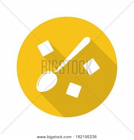 Spoon with refined sugar cubes. Flat design long shadow icon. Lump sugar with teaspoon. Vector silhouette symbol