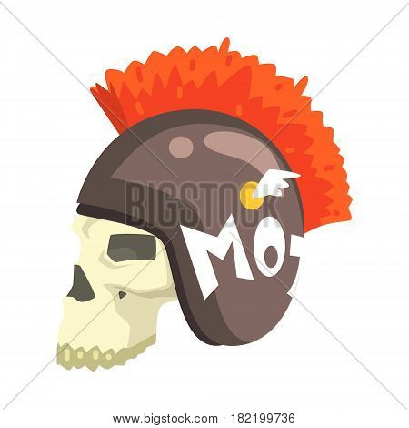 Scull In Helmet With Mohawk, Colorful Sticker With War And Biker Culture Attributes Vector Icon. Creepy Dead Chost Rider Head Print Cool Cartoon Illustration.
