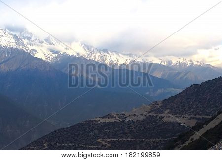 View of Meili snow mountain in Yunnan China. Northeast of Deqin County of Yunnan Province.