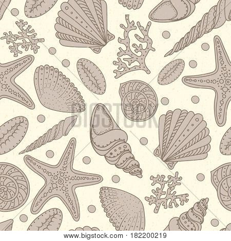 Sea shells sea stars and corals seamless background. Vintage shabby seamless pattern for textile print wallpaper. Sea life pattern.