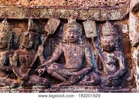 Bas reliefs in Terrace of the Leper King in Angkor Archaeological area in Cambodia
