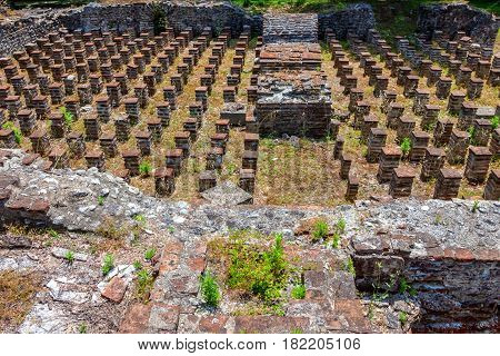 Hypocaust of the Great Baths complex in Dion archaeological park, Pieria, Greece.