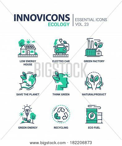 Ecology - modern color vector single line icons set. Low energy house, electro car, green factory, save the planet, think green, natural product, recycle, eco fuel