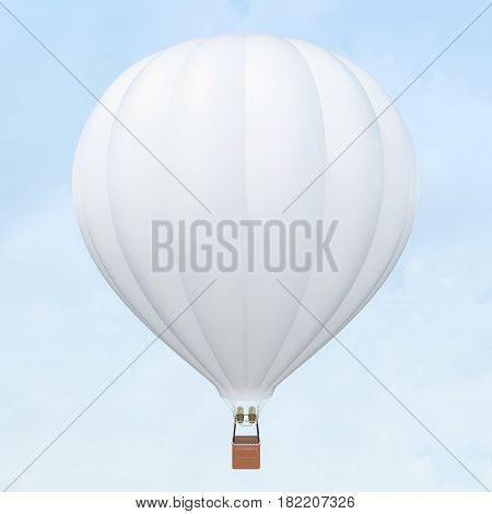 White hot air balloon with basket on skiy background, 3d rendering