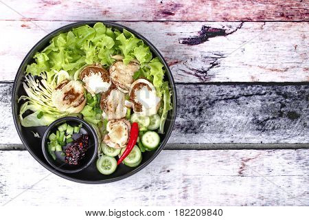 Boiled Fresh Bamboo Mushroom And Vegetable With Roasted Chili Dip.