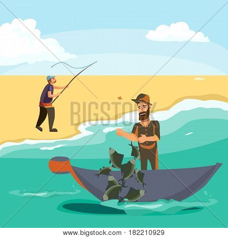 Cartoon fisherman standing in hat and pulls net on boat out of sea, happy fishman holds fish catch and spin vecor illustration fisher threw fishing rod into water concept, man active hobby character.