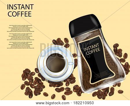 Coffee Glass Jar with White Cap Instant Coffee Granules and Coffee Beans Isolated on Yellow Background. Vector Illustration.