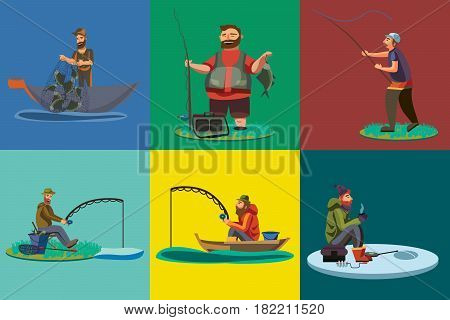 Cartoon fisherman standing in hat and pulls net on boat out of sea, happy fishman holds fish catch and spin vecor illustration fisher threw fishing rod into water concept, man active hobby character.