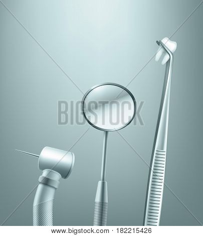 Vector set of stainless dental tools mirror, drill and forceps with tooth side view on background