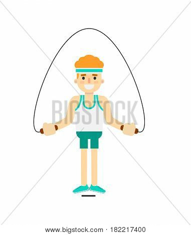 Sporty boy jumping with skipping rope isolated on white background vector illustration. Gymnastic exercise, crossfit training concept in flat design.