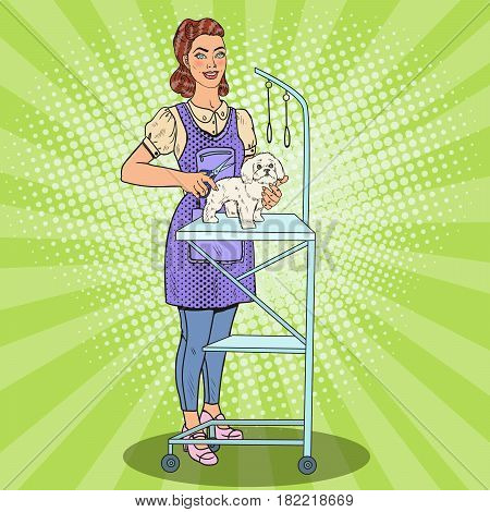 Dog Grooming. Woman Groomer with Scissors. Pop Art Vector illustration