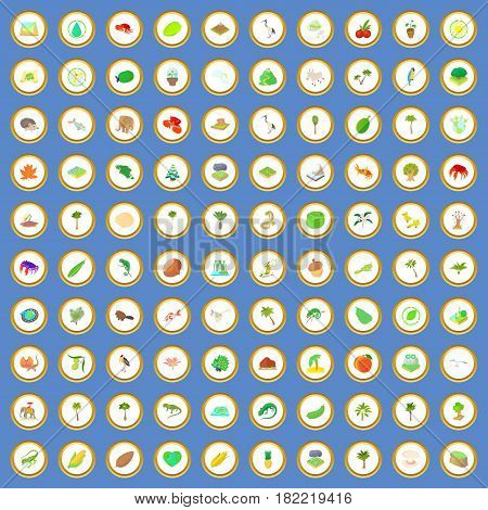 100 nature icons circle set on blue background cartoon style vector illustration