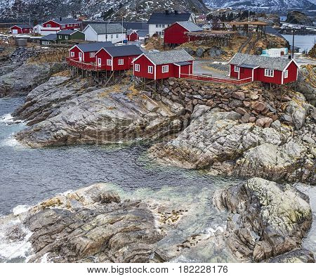 Travel Concepts and Ideas. Classic Traditional Norwegian Fishing Hut Called Hamnoy in Norway. Square Image Composition