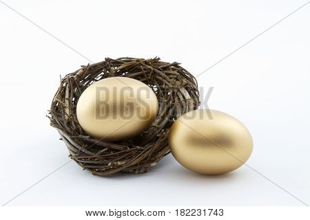 Successful business fortunes in double lucky symbols of two gold nest eggs in horizontal image with white background.