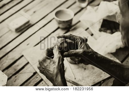 Asian Clay Sculpture Artist, Heritage Traditional Art Culture Of Antique Earthware Made By Senior Pr