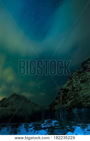 Aurora Borealis Known as Nother Lights Playing with Vivid Colors Over Lofoten Islands in Norway. Vertical Image Orientation