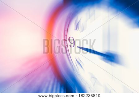 Clock Time With Zoom Motion Blur Focus At 9 O'clock, Fast Speed Business Hour Concept.