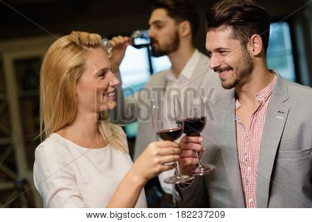 Wine tasting event degustation by oenologists in restaurant
