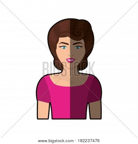 colorful shading realistic half body woman with fuchsia t-shirt and pin up swirl hairstyle vector illustration