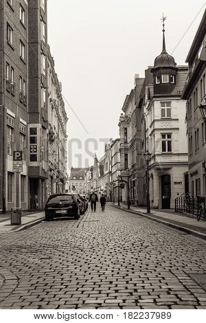 COTTBUS GERMANY - OCTOBER 18 2016: The historic part of town (Alt Markt). Cottbus is a university city and the second-largest city in federal state of Brandenburg. Sepia.