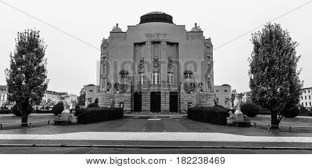 COTTBUS GERMANY - OCTOBER 18 2016: The Art-Nouveau facade of the State Theater (1905). Cottbus is a university and the second-largest city in federal state of Brandenburg. Black and white