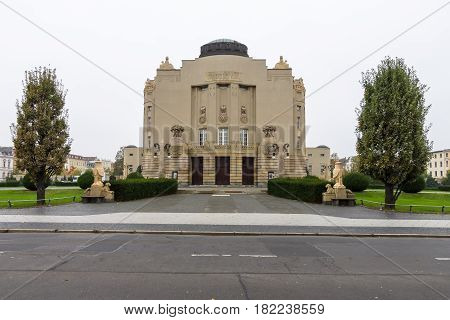 COTTBUS GERMANY - OCTOBER 18 2016: The Art-Nouveau facade of the State Theater (1905). Cottbus is a university and the second-largest city in federal state of Brandenburg.