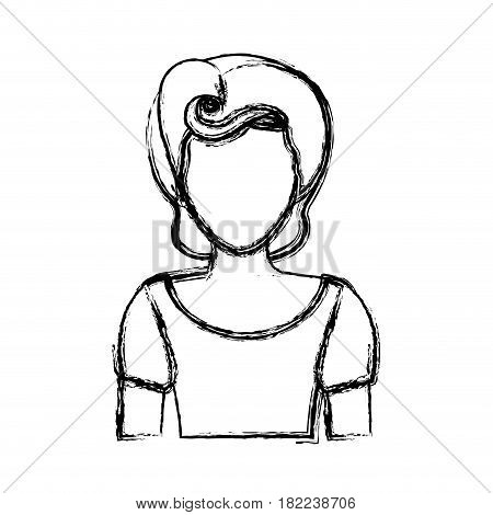 blurred silhouette drawing of faceless half body woman with t-shirt and pin up swirl hairstyle vector illustration