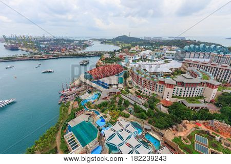Singapore cargo terminal port with Sentosa island arial view from cabel car at Singapore