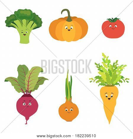 Vector set of cartoon vegetable character. Cute tomato pumpkin beet broccoli onion and carrot
