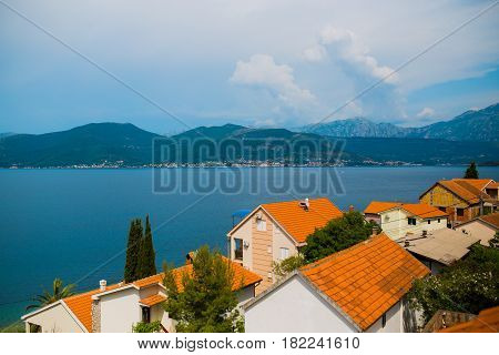 View from the villa on the sea and the mountains on the peninsula of Lustica in Montenegro.