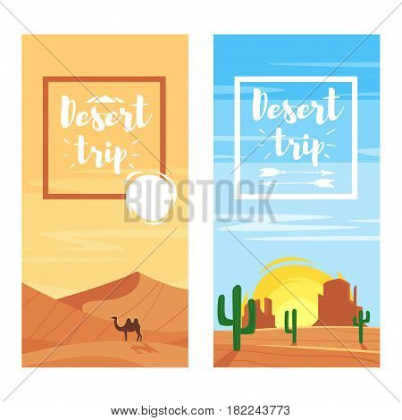 Vector cartoon style template for flyers for desert trip. Desert landscapes.
