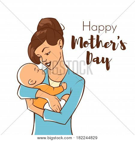 Vector hand drawn colorful illustration of happy mother with a newborn baby. Mother's day greeting card template.
