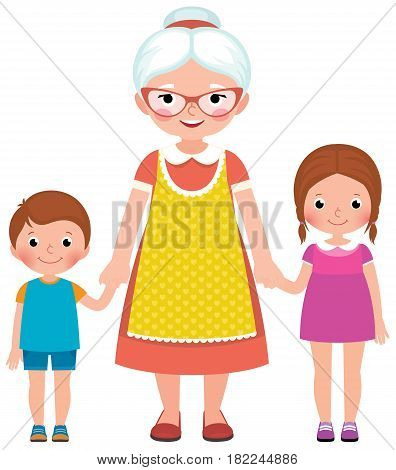 Grandmother with glasses and an apron holding the hands of their young grandchildren boy and girl vector illustration