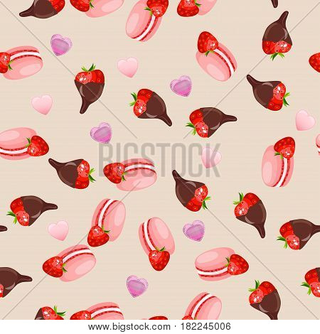 Very high quality original trendy vector semaless pattern with a strawberry in chocolate and macaroons