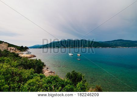 View from the villa on the sea and the mountains on the peninsula of Lustica in Montenegro.