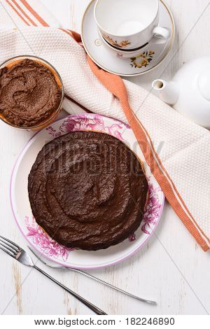 Homemade low callorie pumpkin dessert and cake with chocolate ganache topview overhead view
