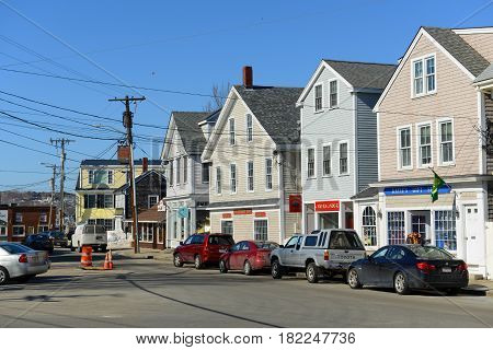 ROCKPORT, MA, USA - MAR. 6, 2015: Historic Building on Mt Pleasant Street in downtown Rockport, Massachusetts, USA.