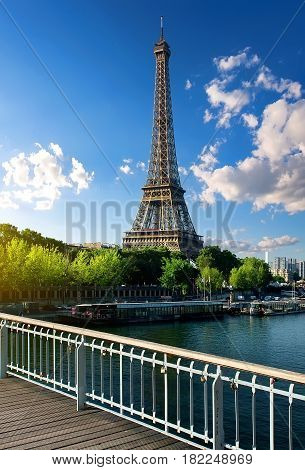 View on Eiffel Tower from Passerelle Debilly in Paris, France