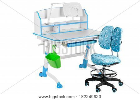 Blue chair blue school table green basket and desk lamp on the white isolated background.