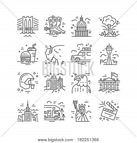 Vector set of line icons with symbols of United States.