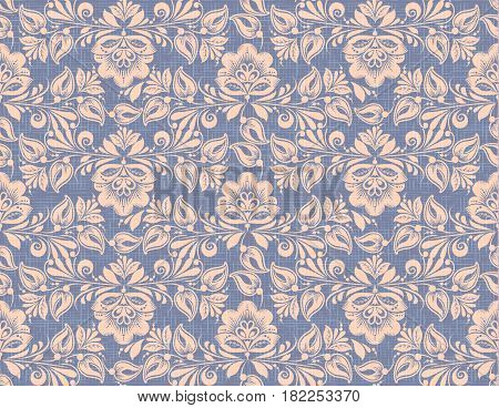 Hohloma style seamless pattern vector background. Traditional russian flower decoration on flax texture