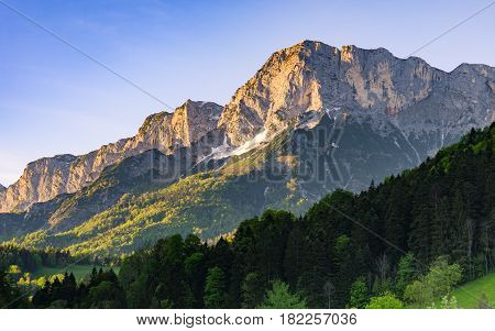 Alpine morning sunlit scenery in national park Berchtesgaden in the south of Bavaria
