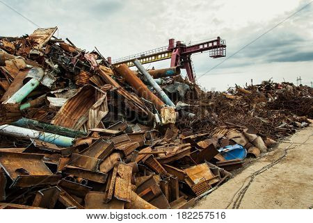 Point of reception of metal for processing in the city of Langepas of the Tyumen region of Russia. Dump. Wastebasket.