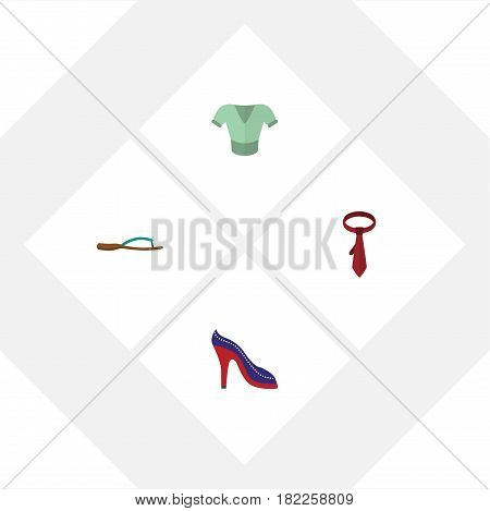 Flat Clothes Set Of Heeled Shoe, Casual, Beach Sandal Vector Objects. Also Includes Heeled, Tie, Sandal Elements.