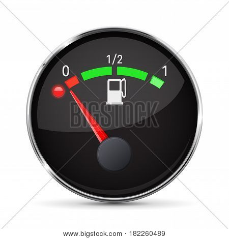 Black fuel gauge with chrome frame. Empty tank. Vector 3d illustration isolated on white background