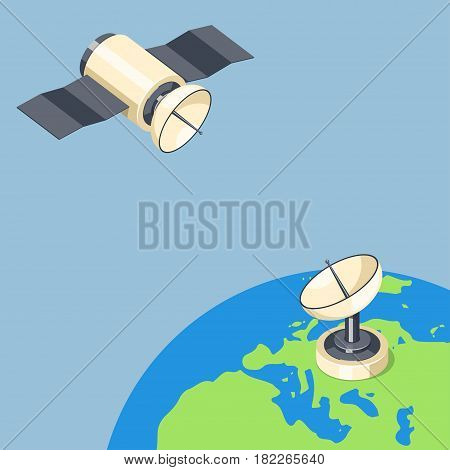 Orbit and dish satellite on earth planet. Isometric vector illustration