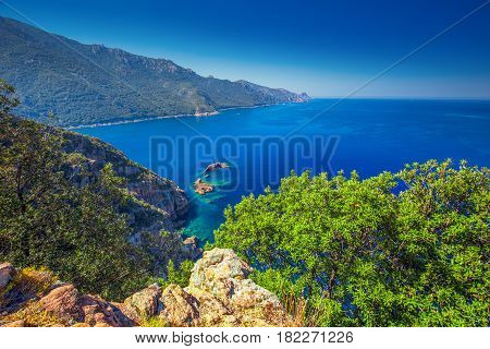 View From Famous D81 Coastal Road With View Of Golfe De Girolata From Bocca Di Palmarella, Corsica,