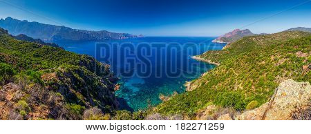 View From Famous D81 Coastal Road With View Of Golfe De Girolata From Bocca Di Palmarella, Corsica,