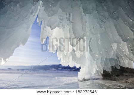 ice cave Lake Baikal Oltrek island. Winter landscape