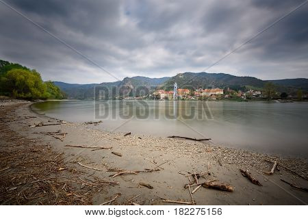 View of the medieval monastery Duernstein on the river Danube in the Wachau valley. Lower Austria